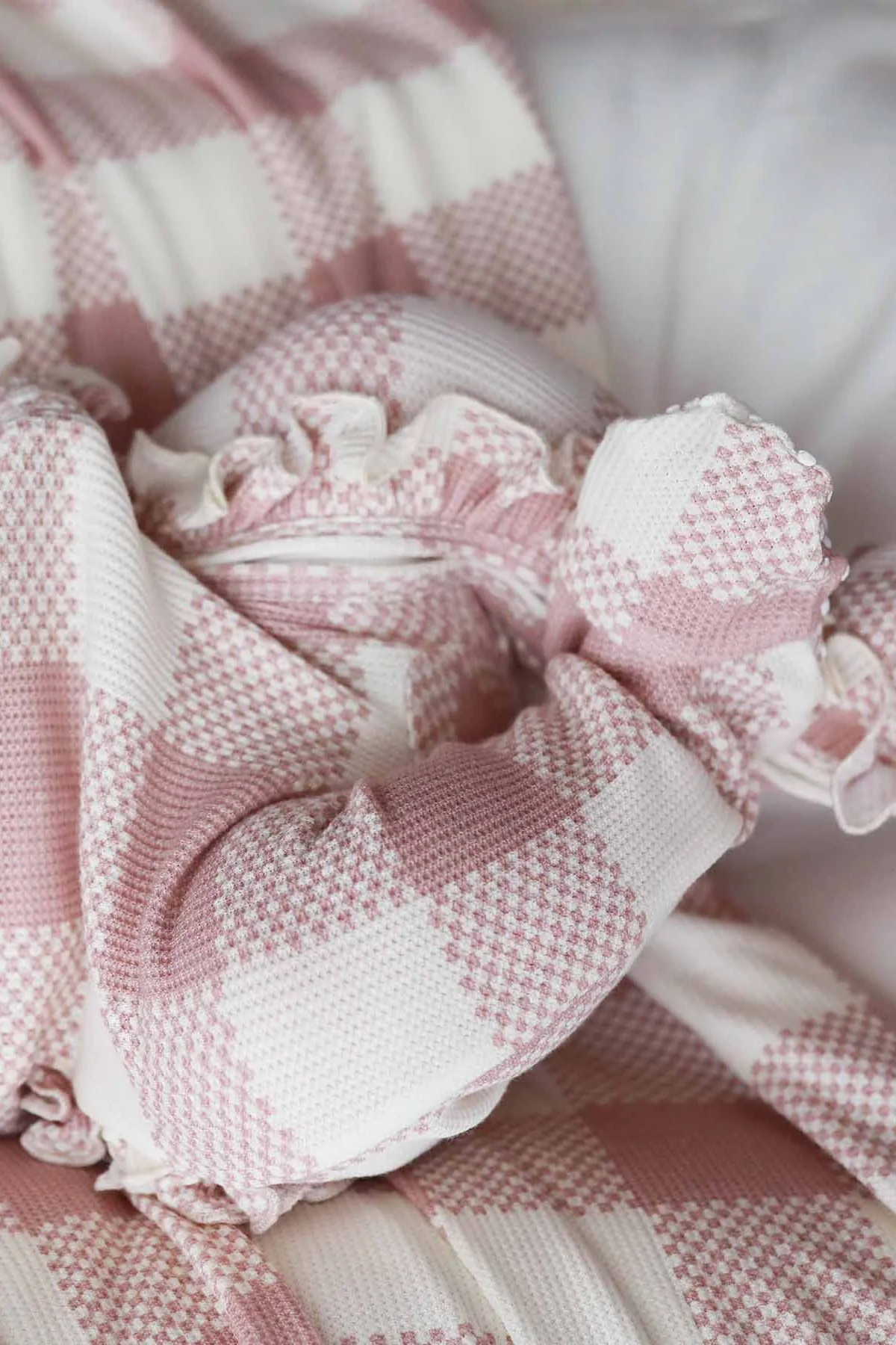 Big Check Bamboo Waffle Zipper Ruffle Footie | Rosy - Image 3