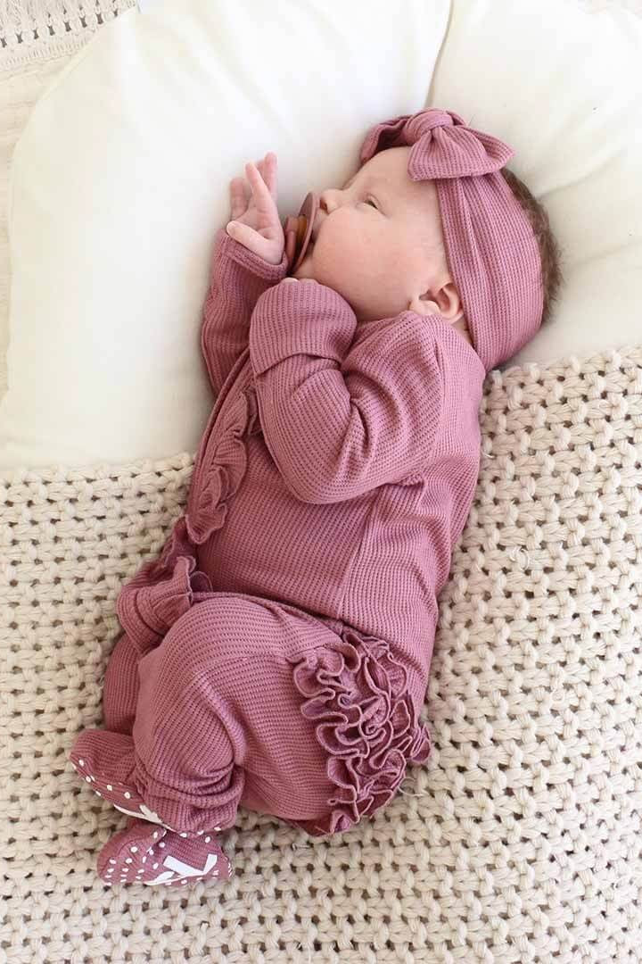Boysenberry Bamboo Waffle Ruffle Zipper Footie - Image 4