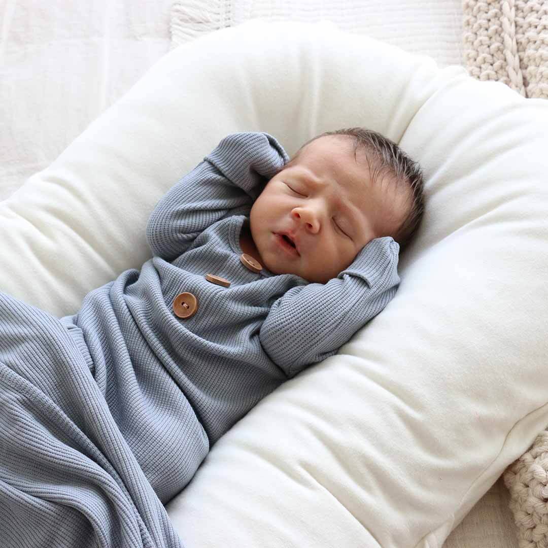 Dusty Denim Bamboo Waffle Newborn Baby Knot Gown & Hat Set - Image 3