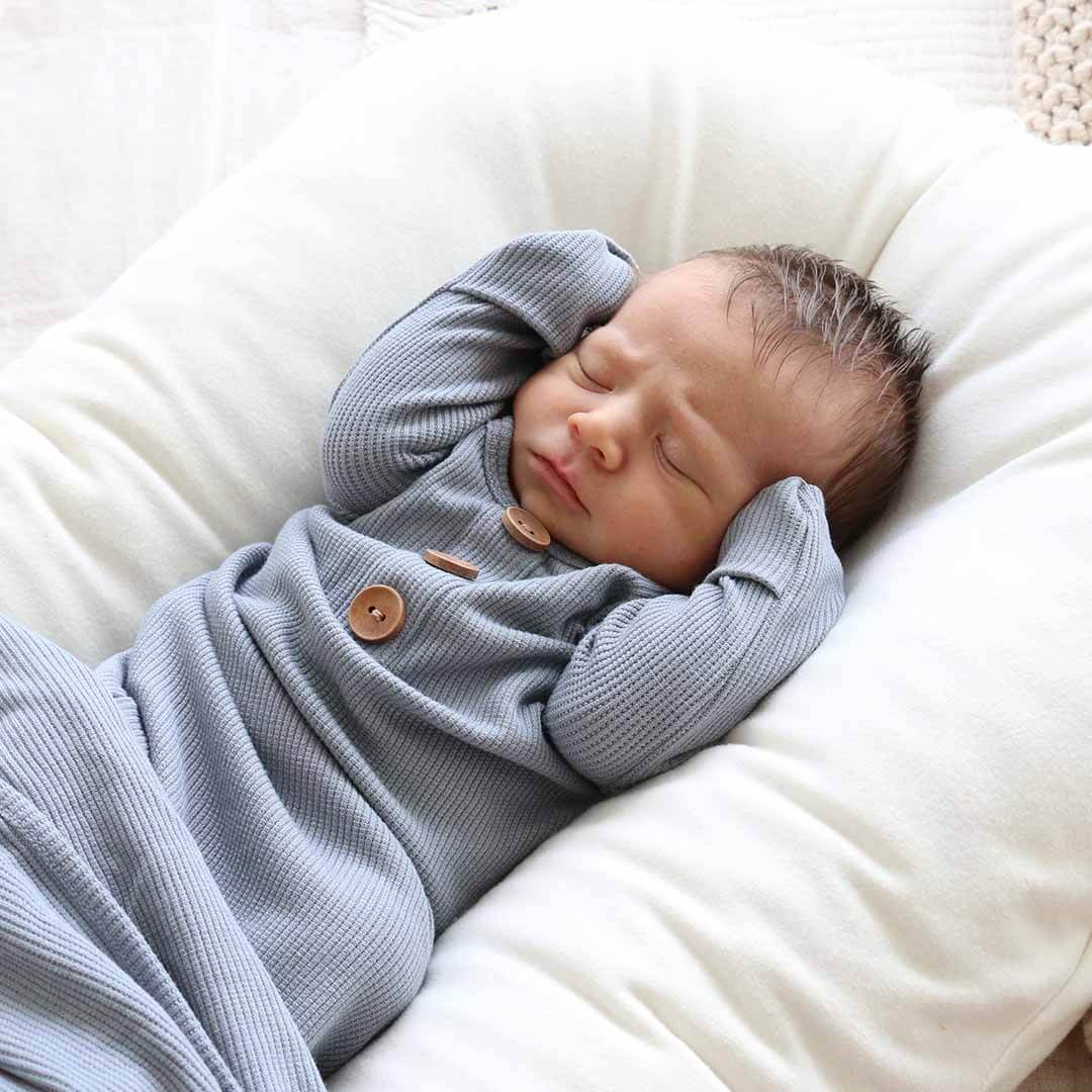 Dusty Denim Bamboo Waffle Newborn Baby Knot Gown & Hat Set - Image 6