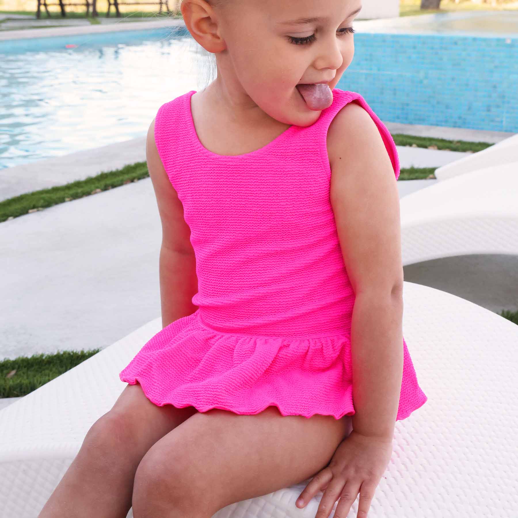 Crinkle One-Piece with Skirt | Neon Pink - Image 8