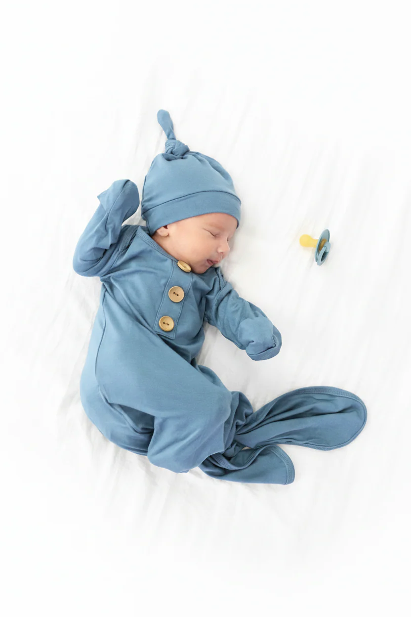 Solid Dusty Blue Bamboo Baby Knot Gown & Hat - Image 4