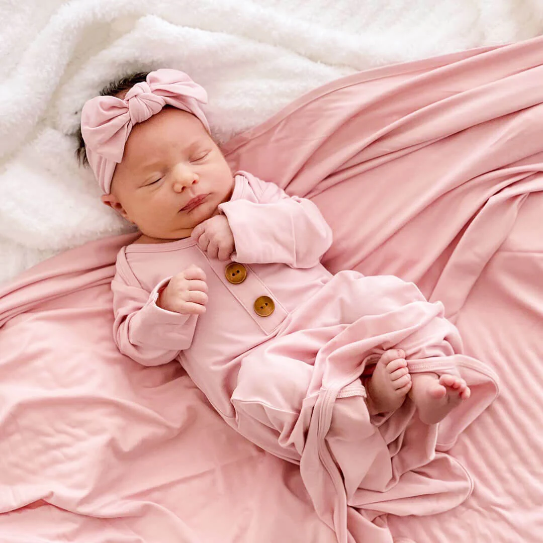 Solid Petal Pink Bamboo Baby Knot Gown & Hat - Image 5